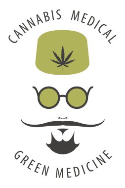 Doktorlar yüzü bıyıklı, yuvarlak gözlük ve kenevir yaprak kap üzerinde olan tıbbi esrar için vektör banner. Doğal ürün organik kenevir dan yeşil tıp. Tıbbi esrar logosu