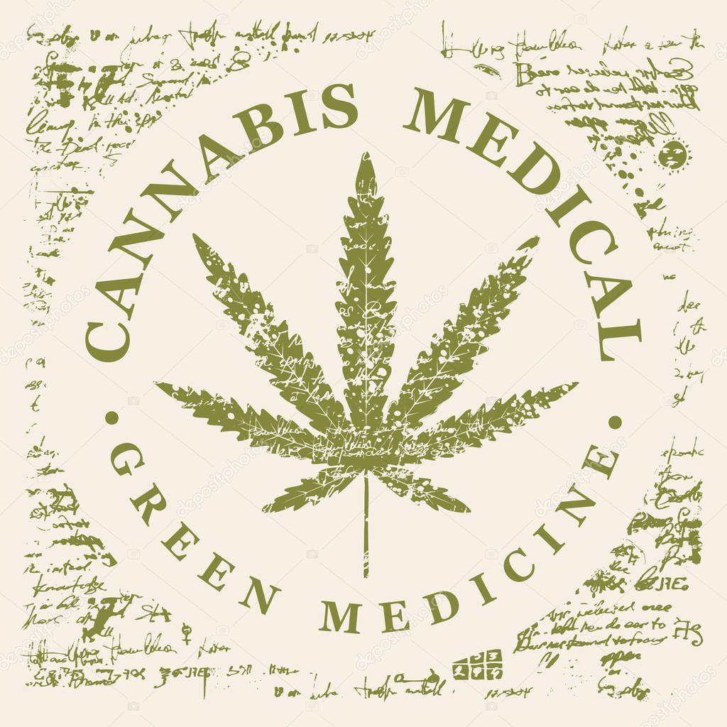 Vector banner for Medical cannabis with hemp leaf pattern on abstract old papyrus background or grunge style manuscript. Natural product of green medicine made from organic hemp