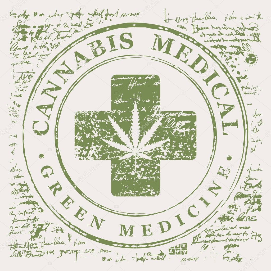 Vector banner for Medical cannabis with hemp leaf pattern and medical cross on abstract old papyrus background or grunge style manuscript. Natural product of green medicine made from organic hemp