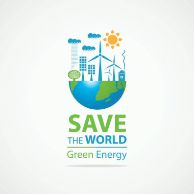 Vektör afiş Tema çevre koruma ve ekoloji gezegen. Dünya gezegeni, güneş panelleri, Rüzgar türbinleri ve kelime güvenli dünyanın yeşil enerji