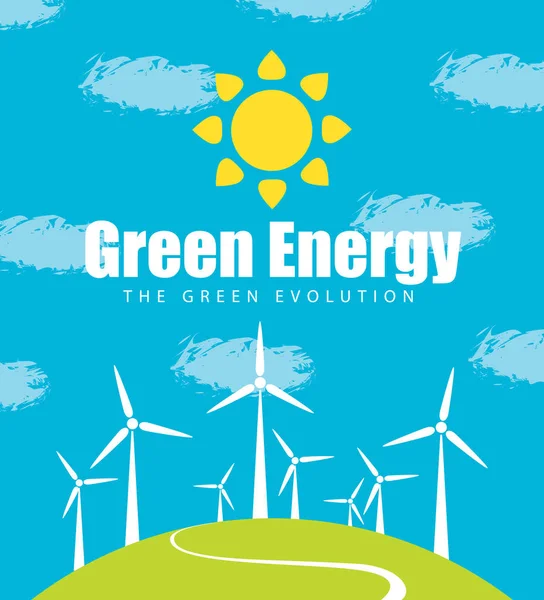 矢量横幅上的绿色能源和绿色进化主题 景观与风力涡轮机在绿色的山丘上 与太阳和云在天空中 地球的环境保护与生态 — 图库矢量图片
