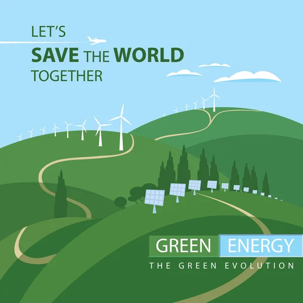 Vektor Banner Zelené Energie Krajina Větrné Turbíny Solární Panely Zelených — Stockový vektor