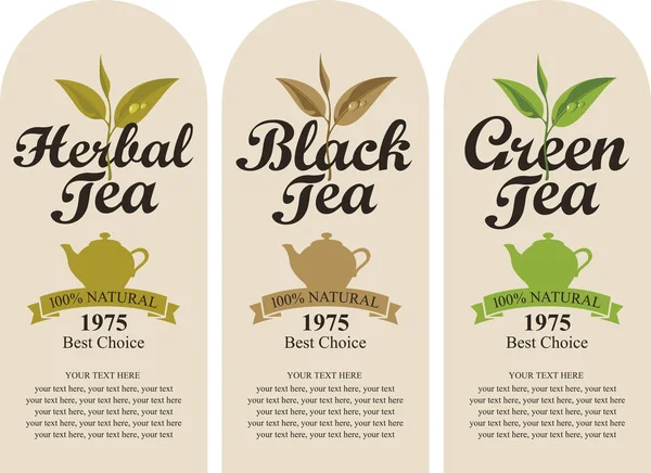 茶葉とティーポット レトロなスタイルのテキストのための場所とのパターンで黒 緑とハーブ茶の つのラベルのベクトルを設定 — ストックベクタ