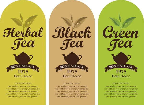 Vector Set Van Drie Labels Voor Kruiden Zwarte Groene Thee — Stockvector