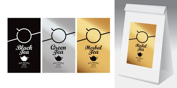 Paper Packaging Label Tea Set Three Vector Labels Black Green — Stock Vector