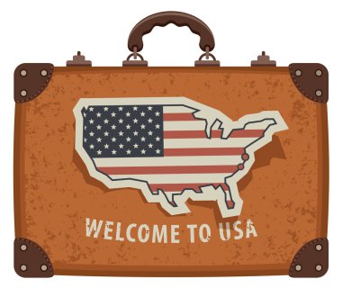 Vektör afiş Amerika harita bir bavulla retro tarzı Ulusal Amerikan bayrağı renkleri ile seyahat. Yazıt ABD hoş geldiniz