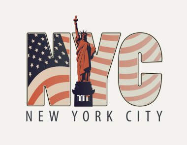 Amerikan bayrağı ve Özgürlük Anıtı'nın görüntü üzerinde açık renkli harflerle Nyc ile vektör banner