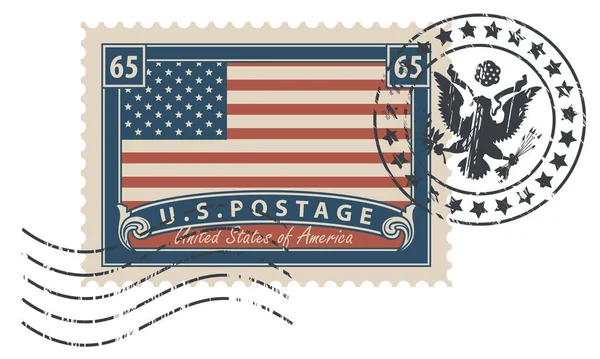 Sello Postal Con Inscripciones Imagen Bandera Americana Ilustración Vectorial Del — Vector de stock