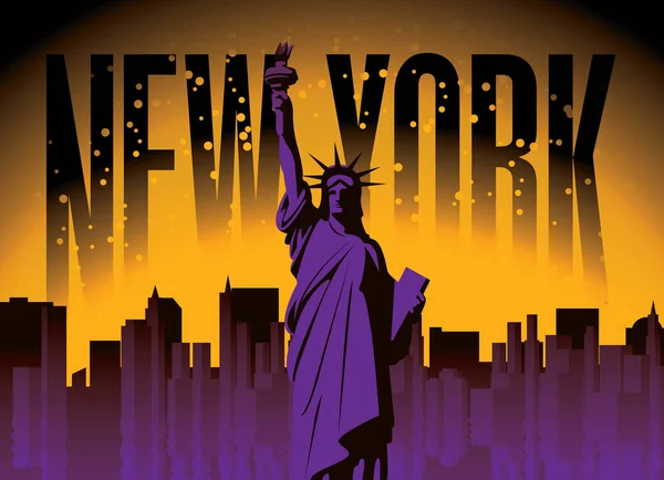 Vektor Banner Szabadság Szobor Között Felhőkarcolók New York Éjszaka Háttér — Stock Vector