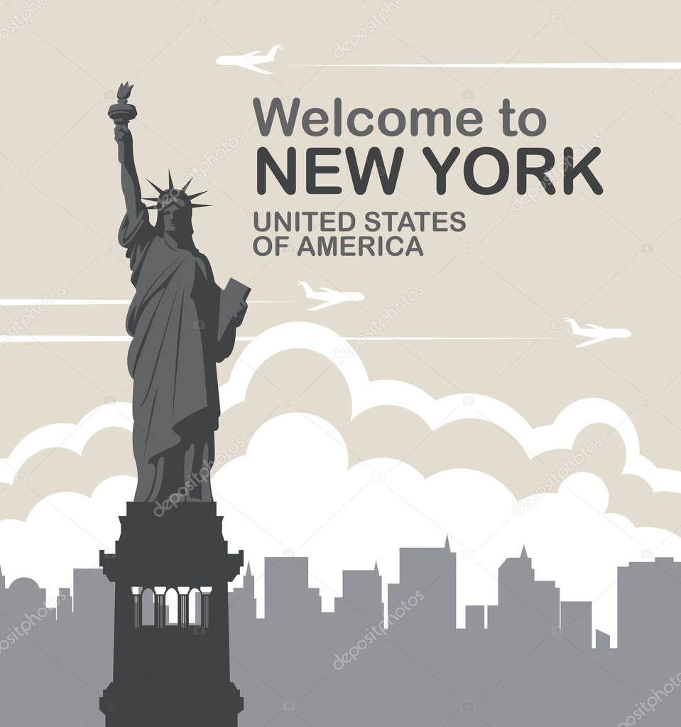 Vector banner with Statue of liberty, flying planes and silhouettes of skyscrapers. Welcome to New York, United States of America