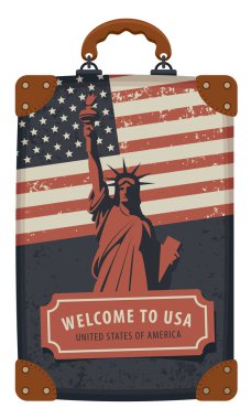 Vektör afiş bir bavulla özgürlük ve retro tarzı Amerikan bayrağı heykeli ile seyahat. Yazıt hoş geldiniz Usa, Amerika Birleşik Devletleri