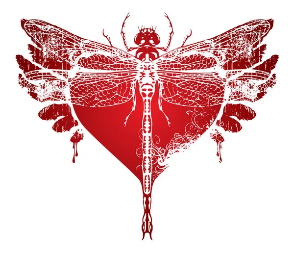 Wektor Graficzny Ilustracja Streszczenie Dragonfly Czerwone Serce Skrzydłami Atramentem Kapie — Wektor stockowy
