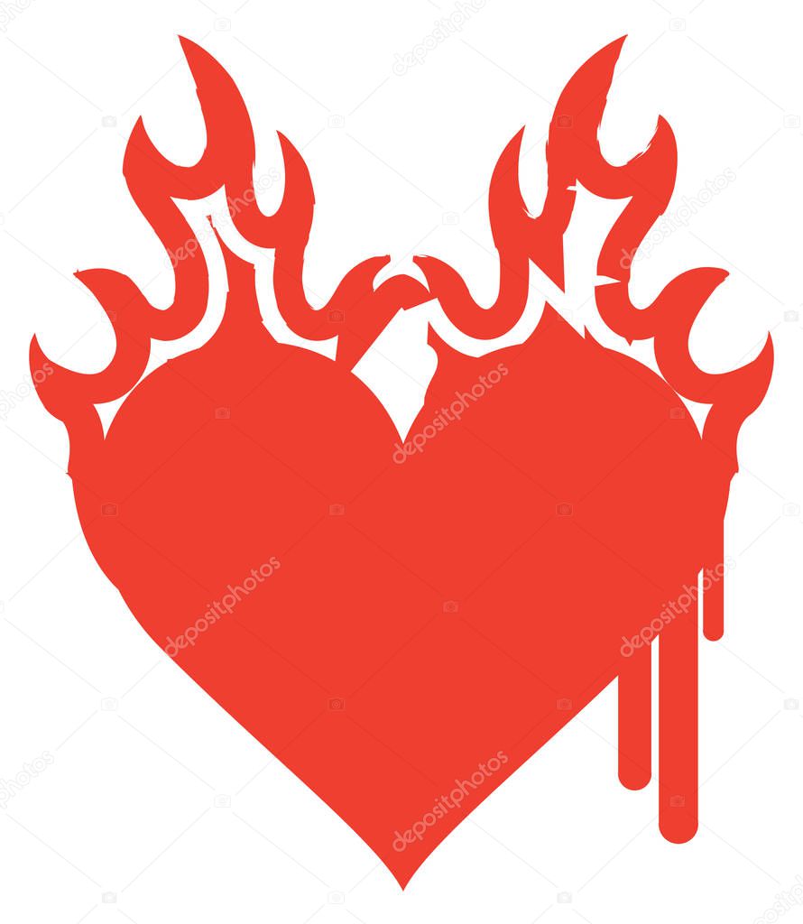 Vector icon, graphic abstract illustration of red heart in fire with ink drips. Burning heart with flame isolated on white background. T-shirt design template