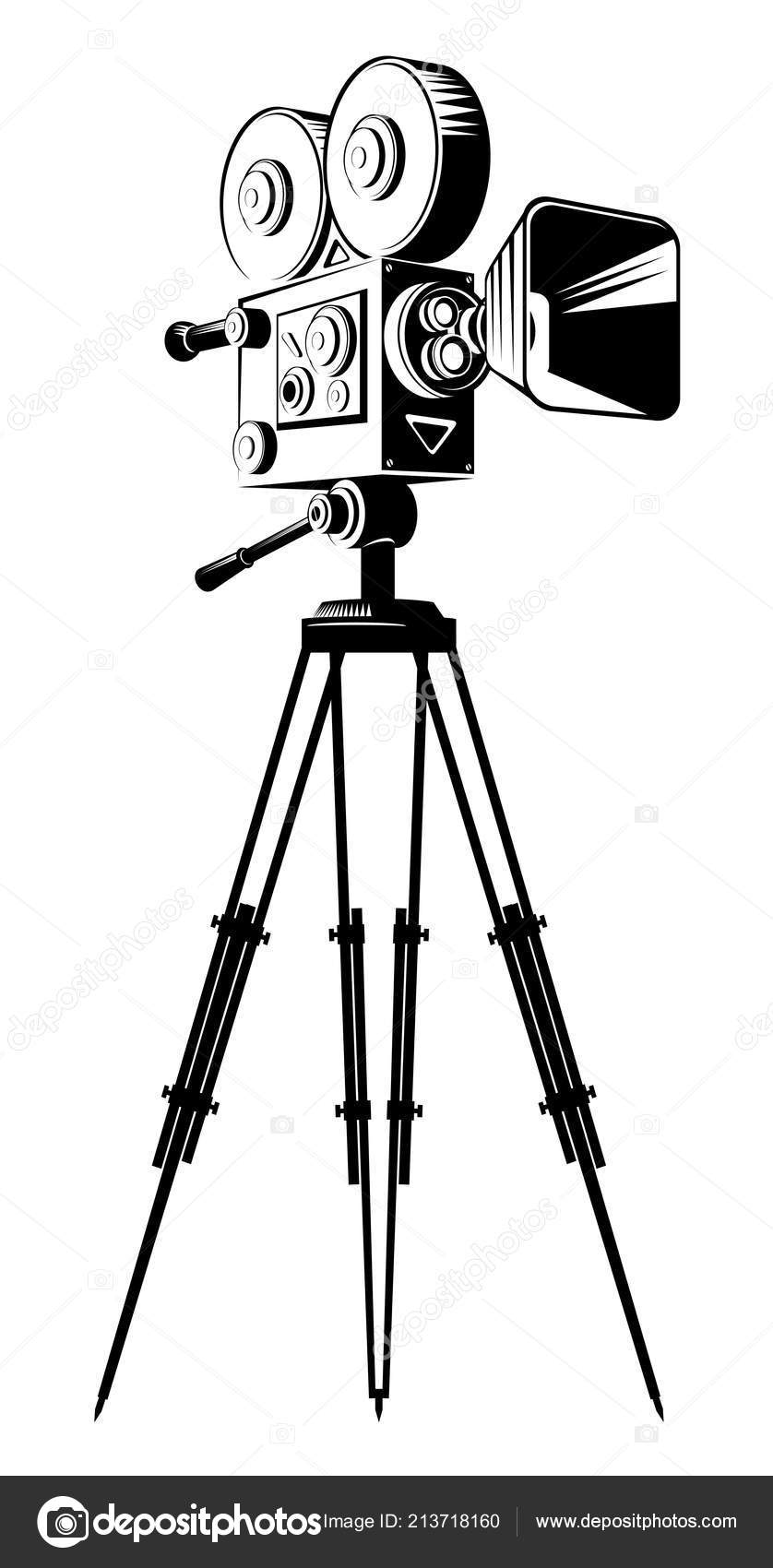 Black Retro Movie Camera Tripod Flat Vector Cartoon Illustration