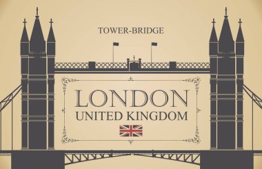 Londra, İngiltere'de ünlü Tower Bridge ile vektör kartpostal. Retro kartpostal kelimelerle Londra, Birleşik Krallık ve İngiliz bayrağı