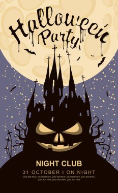 Cadılar Bayramı partisi ile korkunç yüz ve arka planda dolunay mezarlığında eski bir Gotik kale için vektör banner