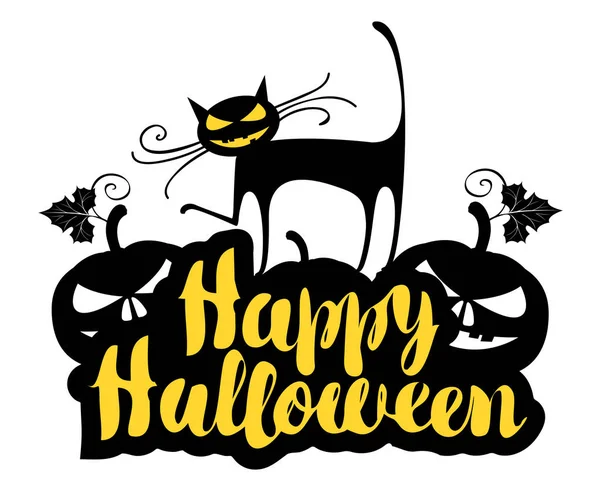 Happy Halloween Napis Kotem Okropne Straszne Dynie Wektor Kaligraficzna Napis — Wektor stockowy