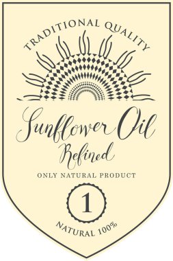 Ayçiçeği ve el yazısı yazıtın üzerinde açık renkli çizim şematik ile rafine ayçiçek yağı için vektör etiket