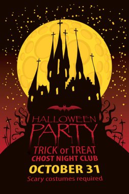 Retro tarzı dolunay arka plan üzerinde mezarlığında eski bir Gotik kale ile Cadılar Bayramı partisi için vektör banner