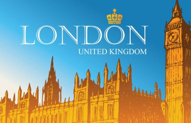 Vektör kartpostal el ile çizilmiş Westminster Sarayı ve Londra, İngiltere'de Big Ben. Retro kartpostal kelimelerle London, Büyük Britanya