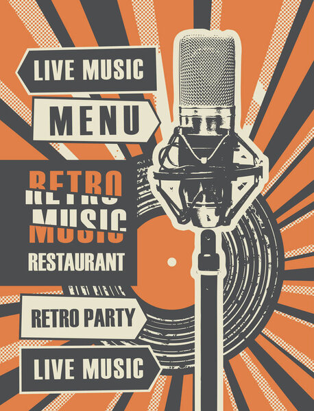 Vector banner or restaurant menu with live music decorated with old vinyl record and microphone on bright background with rays in retro style. Retro music restaurant