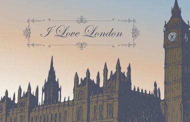 Vektör kartpostal el ile çizilmiş Westminster Sarayı ve Londra, İngiltere'de Big Ben. Retro kartpostal kaligrafi yazıt ile Londra seviyorum