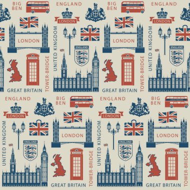 Vektör sorunsuz arka plan İngiliz sembolleri, mimari tarihi yerler ve retro tarzı İngiltere bayrağı ile İngiltere ve Londra konulu. Duvar kağıdı veya Ambalaj Kağıt kullanılabilir