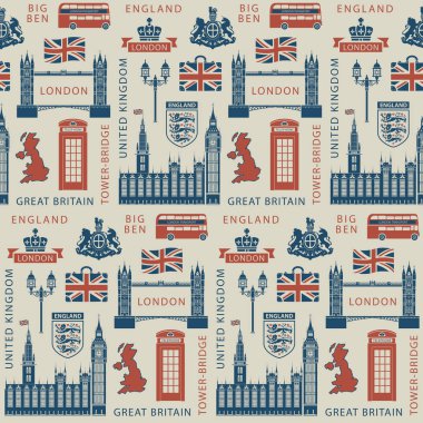 Vektör sorunsuz arka plan İngiliz sembolleri, mimari tarihi yerler ve retro tarzı İngiltere bayrağı ile İngiltere ve Londra konulu. Duvar kağıdı veya Ambalaj Kağıt kullanılabilir
