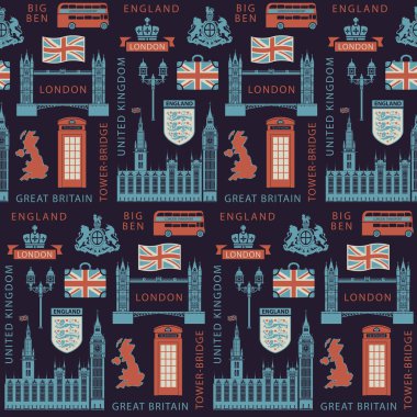 Vektör sorunsuz arka plan İngiliz sembolleri, mimari tarihi yerler ve retro tarzı İngiltere bayrağı ile İngiltere ve Londra konulu. Duvar kağıdı veya Ambalaj Kağıt kullanılabilir