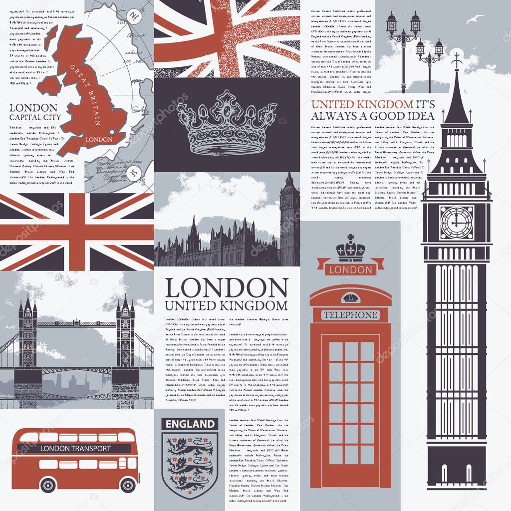 Vector seamless background on the theme of the UK and London with newspaper publications, architectural landmarks, British symbols and flag in retro style. Can be used as Wallpaper or wrapping paper