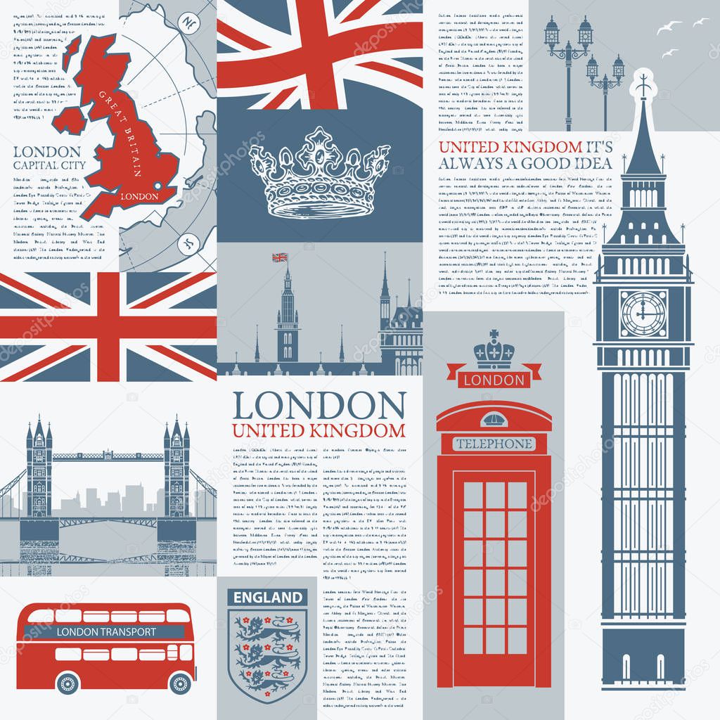 Vector seamless background on the theme of the UK and London with newspaper publications, architectural landmarks, British symbols and flag in retro style. Can be used as Wallpaper or wrapping paper