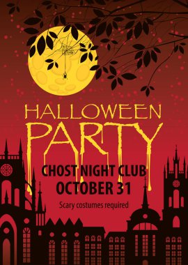Korkunç gece kentsel çöl manzarası tarihi kentin dolunay arka plan üzerinde kendi web örümcek ile Cadılar Bayramı partisi için vektör banner. Grafik yazıt trickles ve damla ile