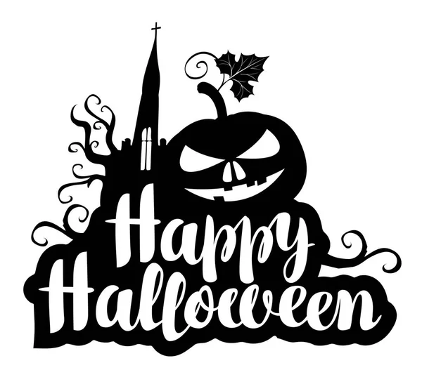 Happy Halloween Czarny Biały Napis Straszny Dyni Gotycki Zamek Wektor — Wektor stockowy