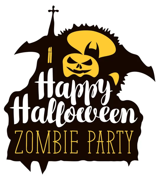 Happy Halloween Lettering Zombie Party Smiling Pumpkin Bat Gothic Church — Stock Vector