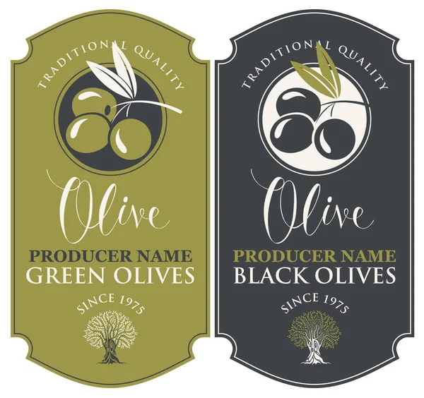 Set Vectorial Dos Etiquetas Para Aceitunas Verdes Negras Con Inscripción — Vector de stock