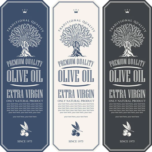 Vector Set Three Labels Extra Virgin Olive Oil Olive Tree — Stock Vector