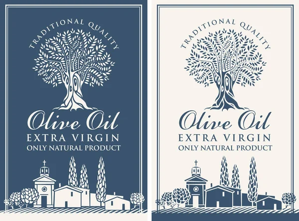 Banner Etiqueta Vectorial Para Aceite Oliva Virgen Extra Con Olivo — Vector de stock