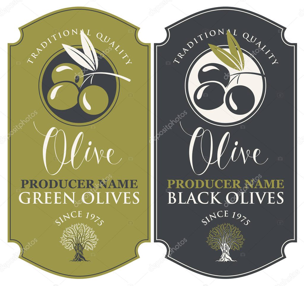 Vector set of two labels for green and black olives with handwritten calligraphic inscription, olive sprig and olive tree in figured frame in retro style.