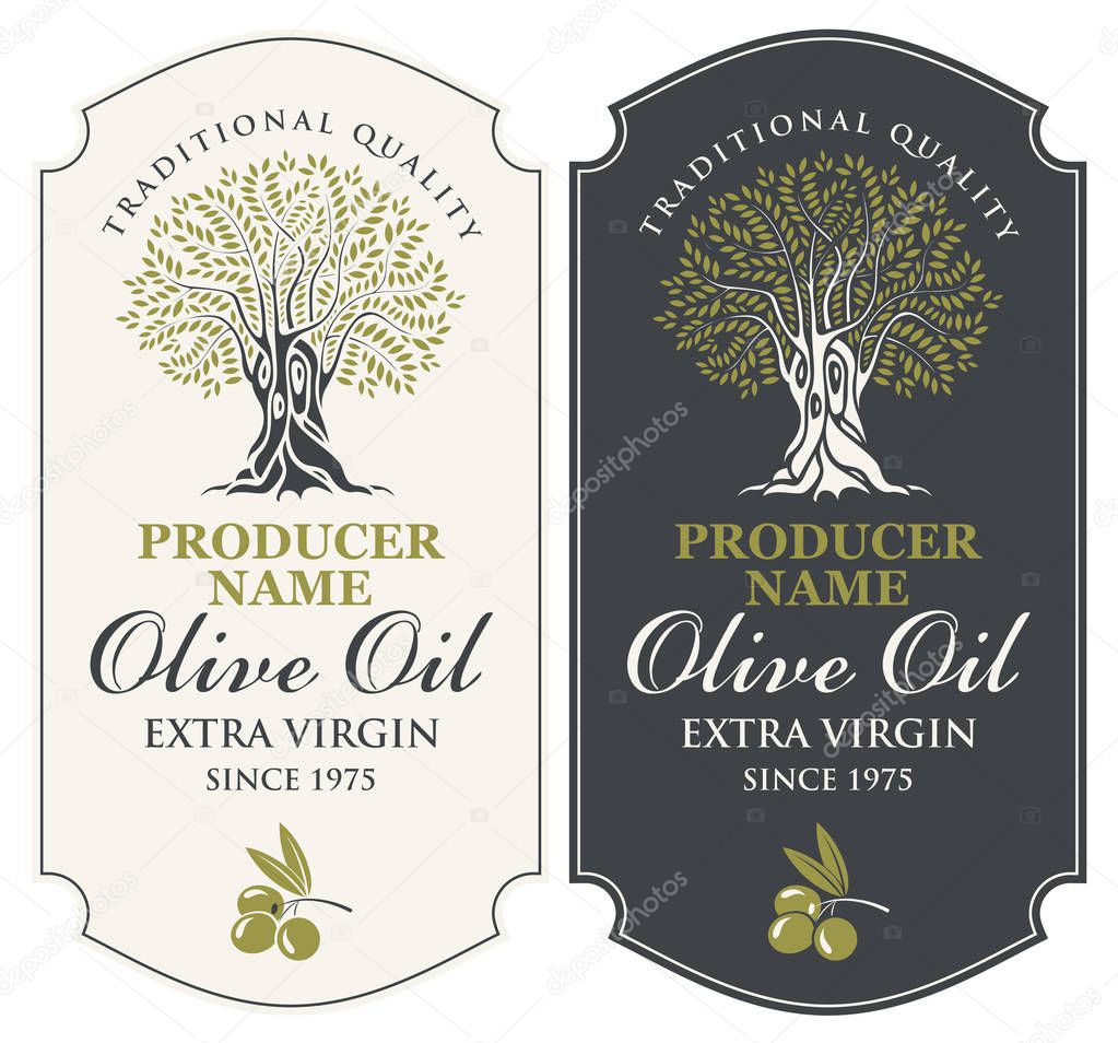Vector set of two labels for extra virgin olive oil with handwritten calligraphic inscription, olive tree and olive sprig in figured frame in retro style.