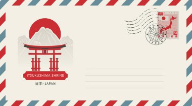 Itsukuşima tapınak Japon arması şeklinde posta damgası ile Japonya haritası ile bir posta pulu ile tasvir vektör zarf.