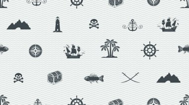 Vektör sorunsuz arka plan bir yelkenli, deniz feneri, Jolly Roger, hazine sandığı, kılıç, pusula, mağara ve diğer bir korsan tema üzerinde. Dalgalar halinde retro tarzı ile açık renkli sevimli deniz nesnelerde