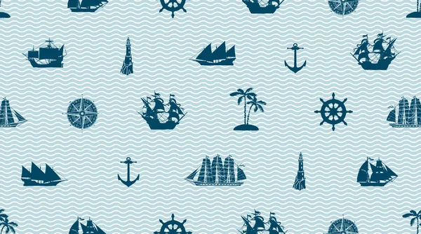 ベクターで異なる帆船やコンパス アンカー ステアリング ホイール等の海の旅をテーマとしたシームレスな背景 レトロなスタイルの波と青い背景上のかわいい海のオブジェクト — ストックベクタ
