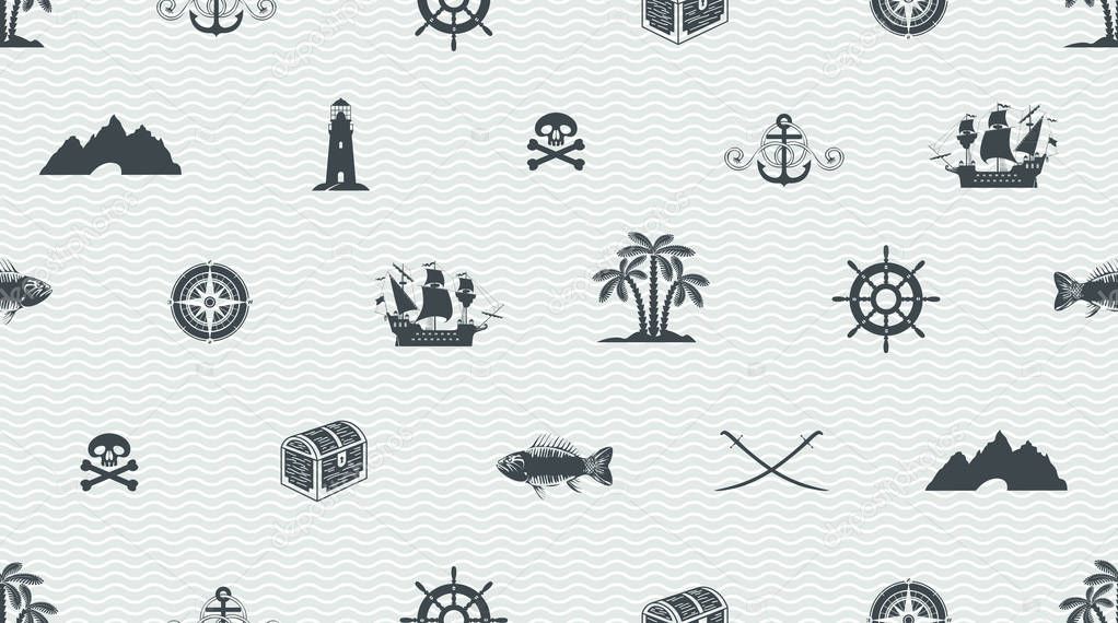 Vector seamless background on a pirate theme with a sailboat, Lighthouse, Jolly Roger, treasure chest, swords, compass, cave and other. Cute sea objects on light background with waves in retro style