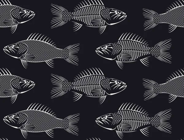 矢量无缝背景与白色绘制的鱼在黑色背景草图 手绘插图的复古风格 可用于海鲜菜单或鱼市场 — 图库矢量图片