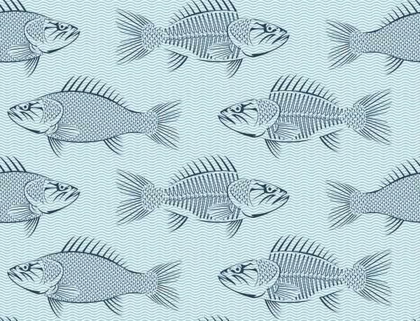 Vector Seamless Background Drawn Sketches Fish Blue Background Waves Hand — Stock Vector