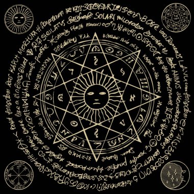 Büyülü yazıtlar ve simgeler siyah arka plan üzerinde sekizgen bir yıldızla güneşte Illustration. Retro tarzı eski el yazması ile vektör banner