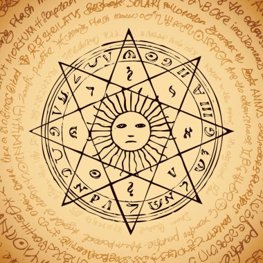 Büyülü yazıtlar ve sembollerle bej renkli arka plan üzerinde sekizgen bir yıldız güneşte Illustration. Retro tarzı eski el yazması ile vektör banner