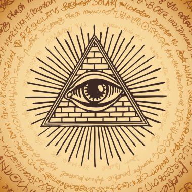 Vektör afiş Providence göz ile. All-gören göz üçgen piramit içinde. Sembol her şeyi bilme. Aydınlık Delta. Bir eski okunaksız el yazması arka plan üzerinde antik mistik sakral illuminati simgesi