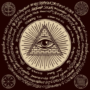 Vektör afiş Providence göz ile. All-gören göz üçgen piramit içinde. Sembol her şeyi bilme. Aydınlık Delta. Siyah zemin üzerinde sihirli yazıtlar ile antik mistik sakral illuminati simgesi