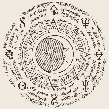 Ay, Güneş ve yıldız büyülü yazıtlar ve sembollerle bej renkli arka plan üzerinde sekizgen bir Star Illustration. Retro tarzı eski el yazması ile vektör banner
